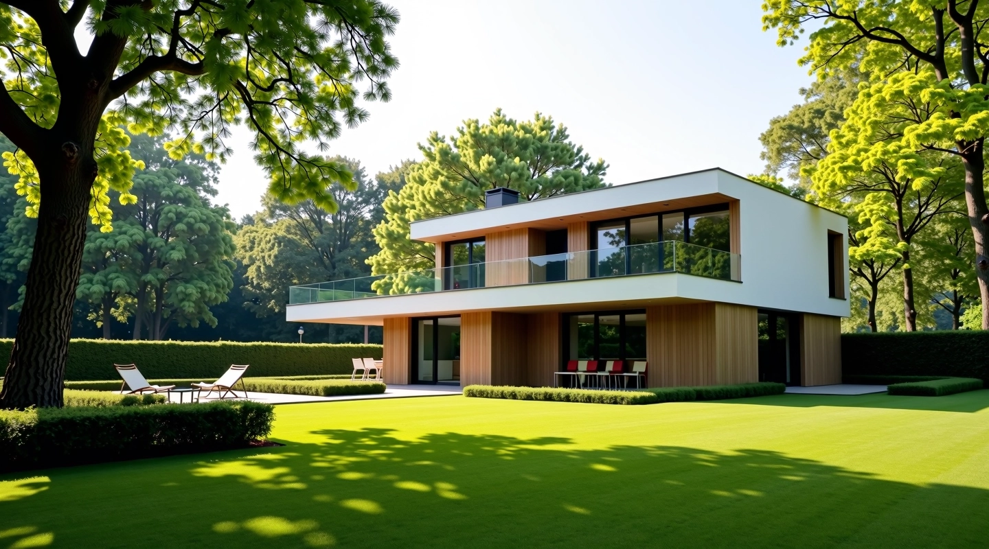 Moderne gezinswoning met grote tuin in buitenwijk, groen omgeven door bomen
